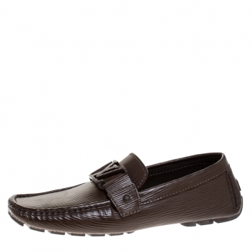 Pre Owned Louis Vuitton Brown Leather Logo Detail Slip On Loafers Size 40