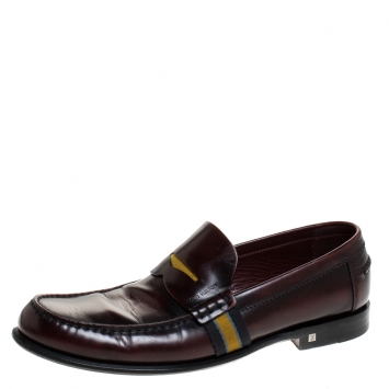 Pre Owned Louis Vuitton Burgundy/Black Leather Web Detail Penny Loafers Size 42.5