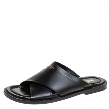Pre Owned Louis Vuitton Black Crisscross Leather Slide Flats Size 42