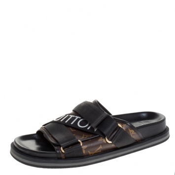 Pre Owned Louis Vuitton Brown/Black Monogram Canvas And Nylon Honolulu Flat Sandals Size 42.5