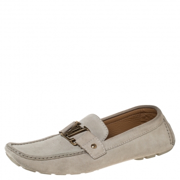 Pre Owned Louis Vuitton Beige Suede Monte Carlo Logo Slip On Loafers Size 43