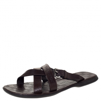 Pre Owned Louis Vuitton Brown Leather Cross Strap Flat Slides Size 41