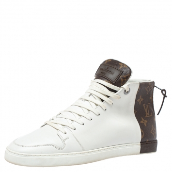 Pre Owned Louis Vuitton White/Brown Monogram Canvas And Leather Line Up High Top Sneakers Size 40