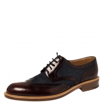 Pre Owned Louis Vuitton Blue/Burgundy Brogue Leather and Denim Lace Up Derby Size 46