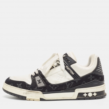 Pre Owned Louis Vuitton Black/White Leather and Denim LV Trainer Sneakers Size 42