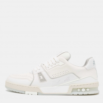 Pre Owned Louis Vuitton White Leather LV Trainer Sneakers Size 44