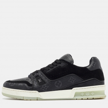 Pre Owned Louis Vuitton Black Leather and Monogram Coated Canvas Low Top Sneakers Size 43.5