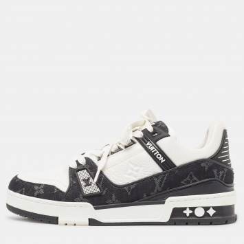 Pre Owned Louis Vuitton White/Black Monogram Leather and Denim LV Trainer Sneakers Size 39