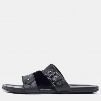 Pre Owned Louis Vuitton Black Leather Slides Size 44