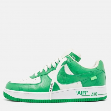 Pre Owned Louis Vuitton x Nike Green/White Monogram Canvas and Leather Air Force 1 Sneakers Size 43.5