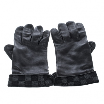 Pre Owned Louis Vuitton Black Leather Damier Graphite Print Gloves L