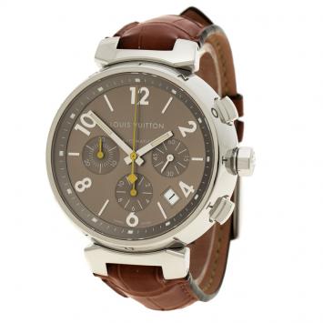 Pre Owned Louis Vuitton Brown Stainless Steel Tambour Q1122 Chronograph Men's Wristwatch 42 mm