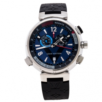 Pre Owned Louis Vuitton Blue Stainless Steel Tambour Regatta Q102D Men's Wristwatch 44MM
