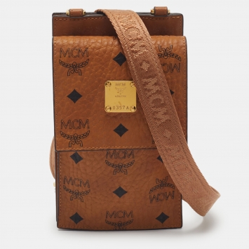 Pre Owned MCM Aren Cognac Visetos Coated Canvas and Leather Phone Case Lanyard 