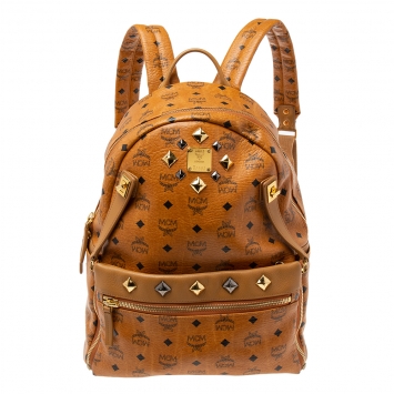 Pre Owned MCM Cognac Visetos Coated Canvas Studded Dual Stark Backpack
