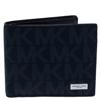 Pre Owned Michael Kors Navy Blue Signature Coated Canvas Bi Fold Wallet 