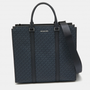 Pre Owned Michael Kors Blue/Black Signature Coated Canvas and Leather Cooper Tote