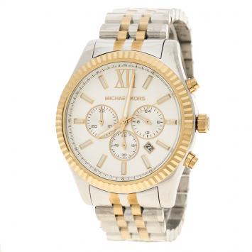 Pre Owned Michael Kors Silver White Two-Tone Stainless Steel Lexington MK8344 Men's Wristwatch 45 mm