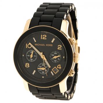 Pre Owned Michael Kors Black Gold Plated Steel Runway MK5191 Men's Wristwatch 39 mm