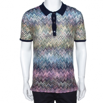 Pre Owned Missoni Mulitcolor Chevron Knit Contrast Collar Polo T Shirt L 