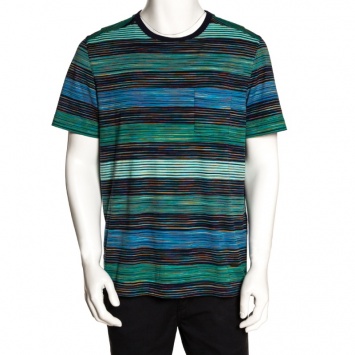 Pre Owned Missoni Blue & Green Striped Cotton Round Neck T-Shirt L 