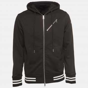 Pre Owned Moncler Black Logo Applique Cotton Zip-Up Hoodie S