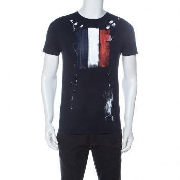 Pre Owned Moncler Navy Blue Hand Painted Flag Print Cotton T-Shirt M