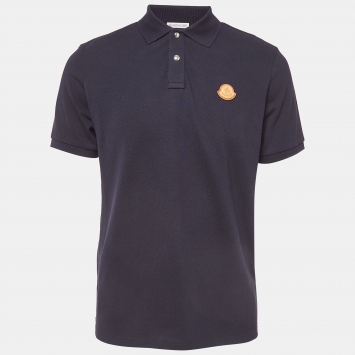 Pre Owned Moncler Navy Blue Cotton Pique Logo Patch Polo T-Shirt M