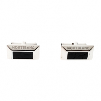 Pre Owned Montblanc Black Leather Silver Rectangular Cufflinks