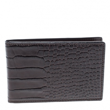 Pre Owned Montblanc Dark Brown Croc Embossed Leather Card Holder