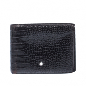 Pre Owned Montblanc Black Crocodile Embossed Leather Bifold Wallet 9CC