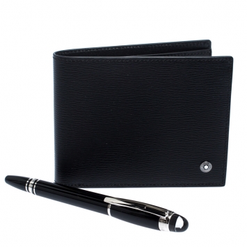 Pre Owned Montblanc Black Leather West Side Bifold Wallet and Montblanc Skywalker Pen Set