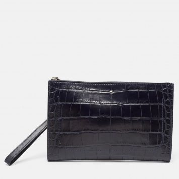 Pre Owned Montblanc Navy Blue Croc Embossed Leather Meisterstuck Zip Wristlet Pouch