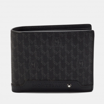 Pre Owned Montblanc Black/Grey Signature Coated Canvas and Leather Business Bifold Wallet