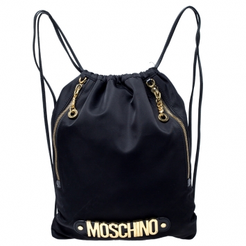 Pre Owned Moschino Black/Gold Logo Nylon Drawstring Backpack