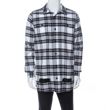 Pre Owned Off White Monochrome Checked Cotton Spray Paint Detail Shirt S