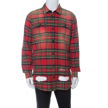 Pre Owned Off White Multicolor Checked Cotton Spray Paint Detail Shirt S