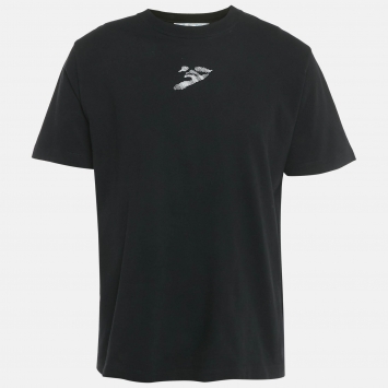 Pre Owned Off-White Black Logo Embroidered Cotton Crewneck T-Shirt L