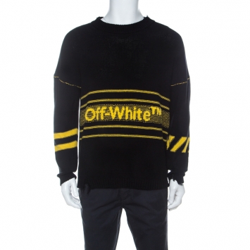 Pre Owned Off White Black Logo Intarsia Knit Cotton Distressed Jumper S