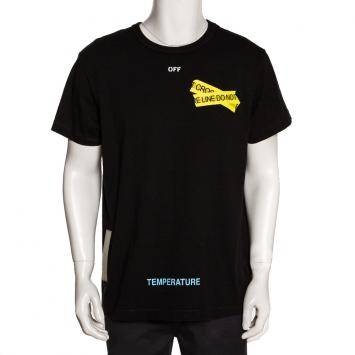 Pre Owned Off-White Black Cotton Firetape Print Round Neck T Shirt S