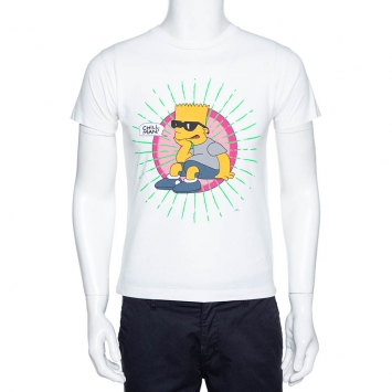 Pre Owned Off-White White Bart Print Cotton Crew Neck T-Shirt S