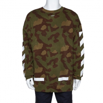Pre Owned Off-White Green Diagonal Camouflage Print Cotton Sweatshirt S