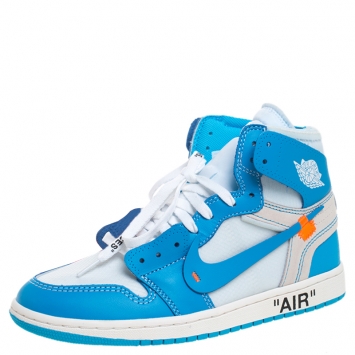 Pre Owned Nike x Off White Blue Leather/Mesh Air Jordan 1 Retro High Top Sneakers Size 41