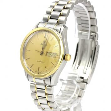 Pre Owned Omega Champagne 18K Yellow Gold and Stainless Steel Classic Day Date 166.0299 Men's Wristwatch 35MM