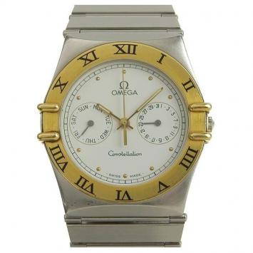 Pre Owned Omega White 18K Yellow Gold and Stainelss Steel Constellation Day Date Men's Wristwatch 34MM
