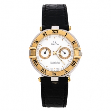 Pre Owned Omega White Stainless Steel 18K Yellow Gold Vintage Constellation 198.0145 Women's Wristwatch 34 mm