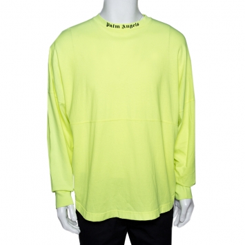 Pre Owned Palm Angels Neon Yellow Logo Print Cotton Long Sleeve T-Shirt M