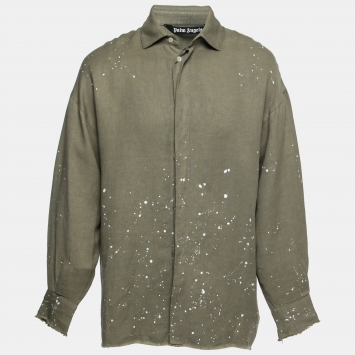 Pre Owned Palm Angels Olive Green Linen Logo Printed Button Front Shirt S