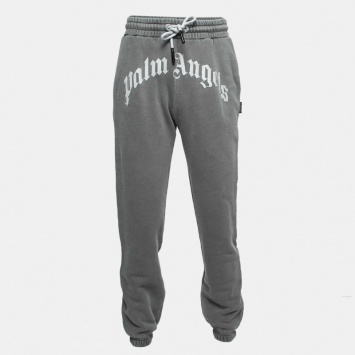 Pre Owned Palm Angels Grey Curved Logo Print Cotton Sweatpants S