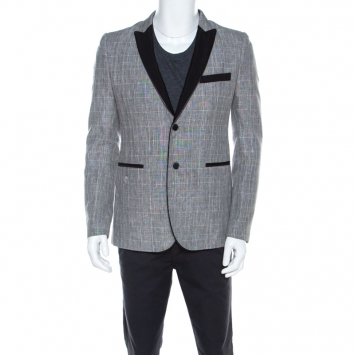 Pre Owned Philipp Plein Grey Plaid Linen and Wool Skull Motif Blazer M 